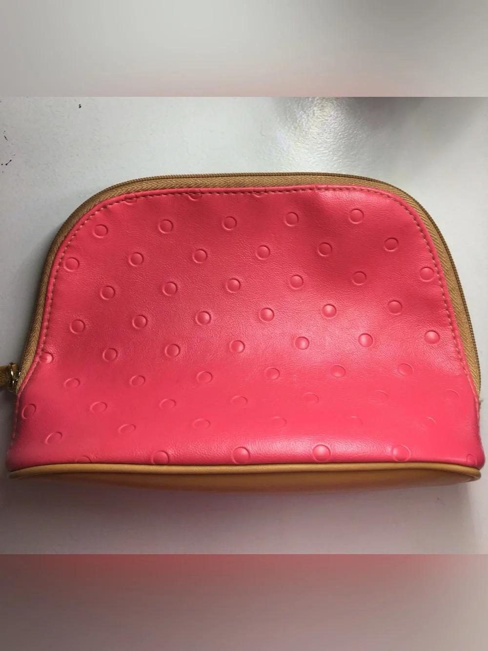 Estee Lauder Coral Pink Dot Cosmetic Bag with Tan Trim